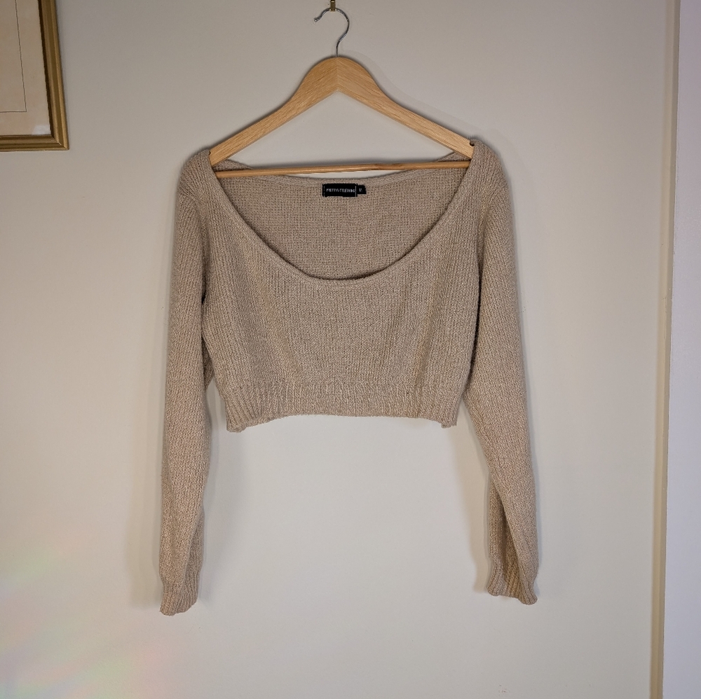 PrettyLittleThing Fluffy Knit Cropped Scoop Neck Sweater Bardot